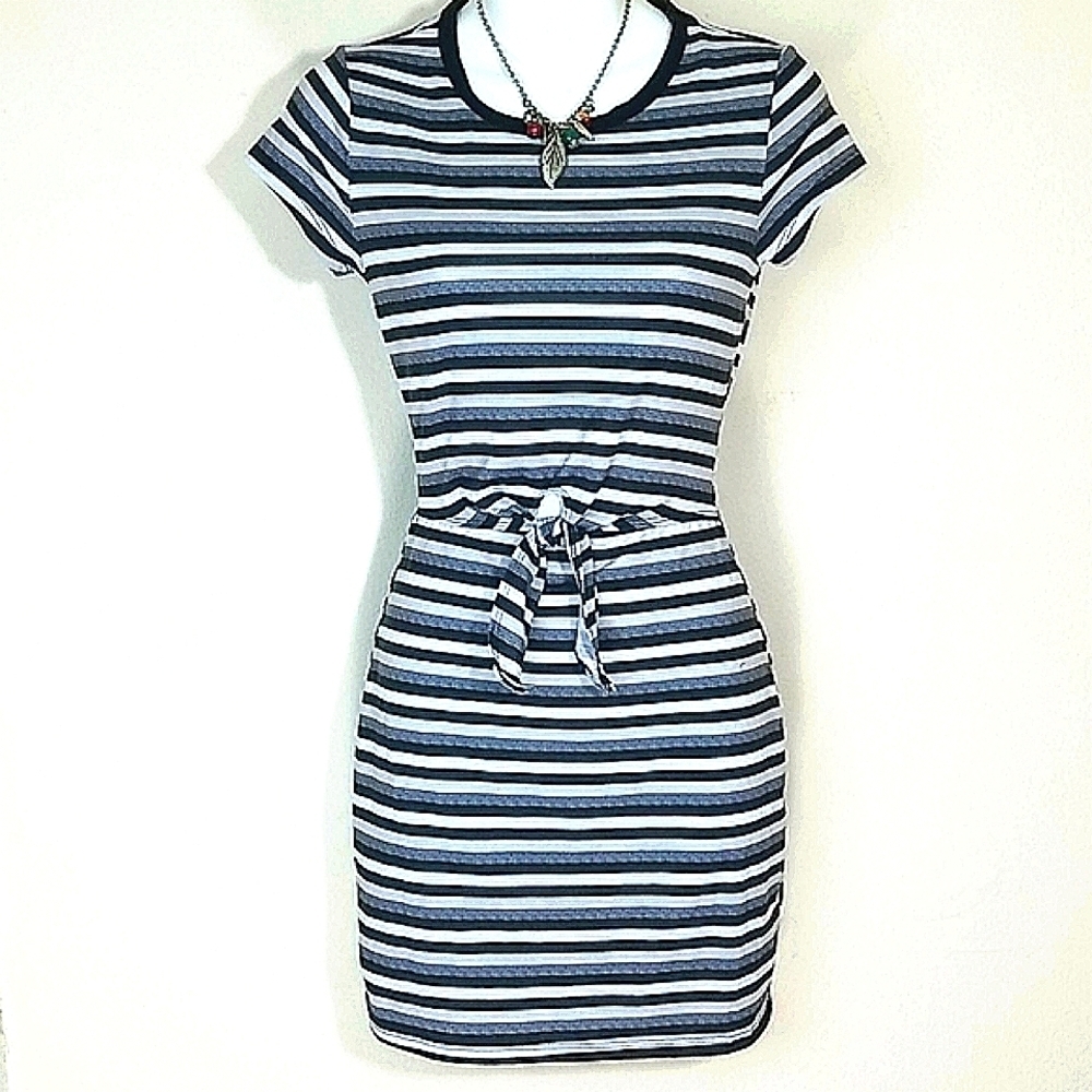No Boundaries Striped Tie-Front Cutout Bodycon Mini Dress Black Gray White XS